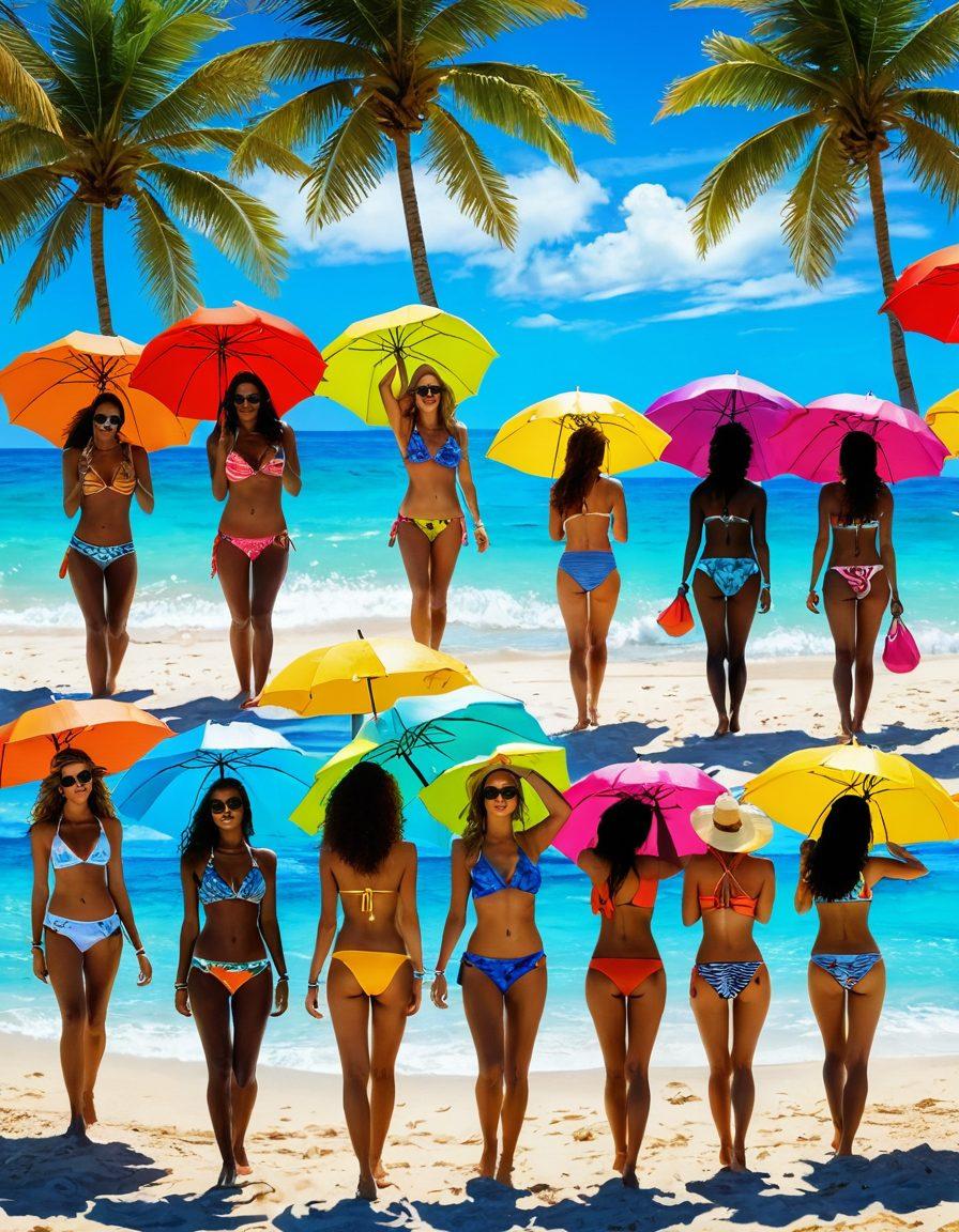 A vibrant beach scene featuring diverse models wearing stylish and affordable bikinis, each showcasing unique styles and colors. The backdrop includes palm trees, clear blue ocean waves, and sunbathing towels, creating a lively atmosphere. Incorporate playful beach accessories like hats and sunglasses. Brightly colored beach umbrellas can add extra visual appeal. super-realistic. vibrant colors. bright sunny background.